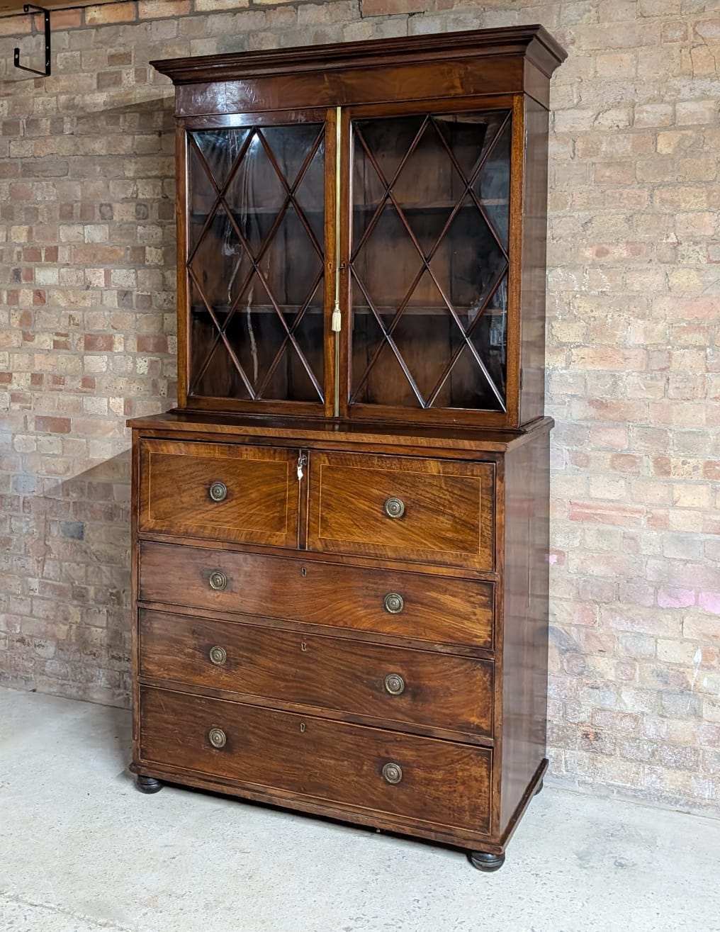 Antique George III Mahogany Secretaire Glazed Bookcase On Chest Of Drawers