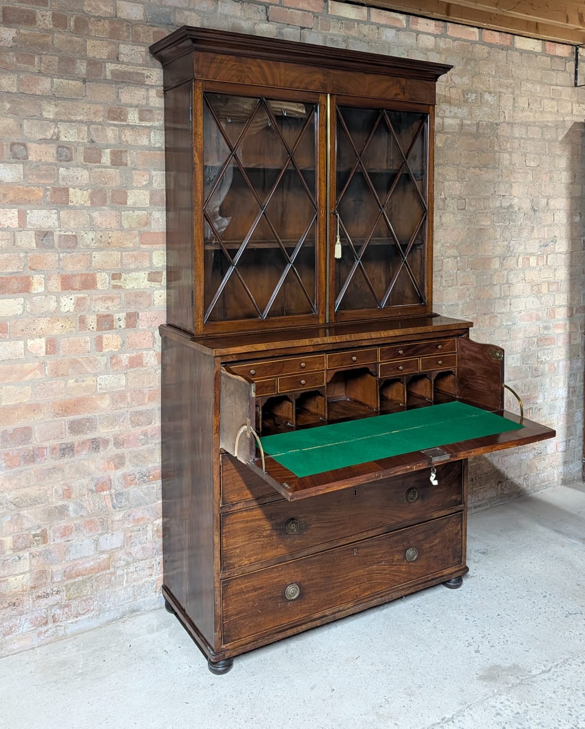 Antique George III Mahogany Secretaire Glazed Bookcase On Chest Of Drawers