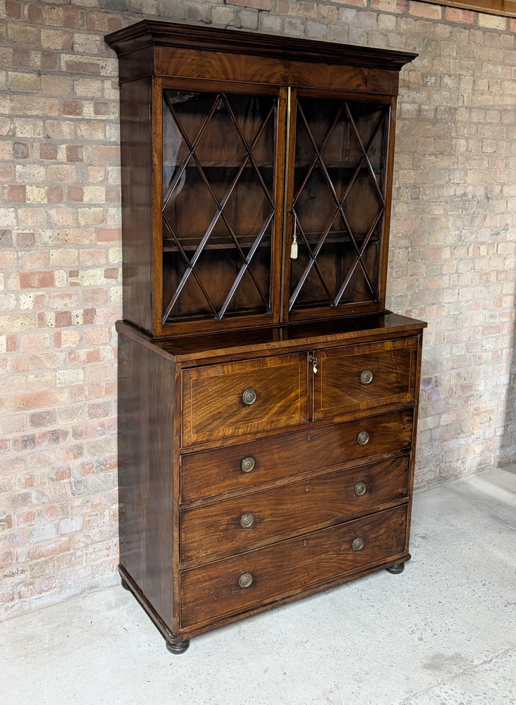 Antique George III Mahogany Secretaire Glazed Bookcase On Chest Of Drawers