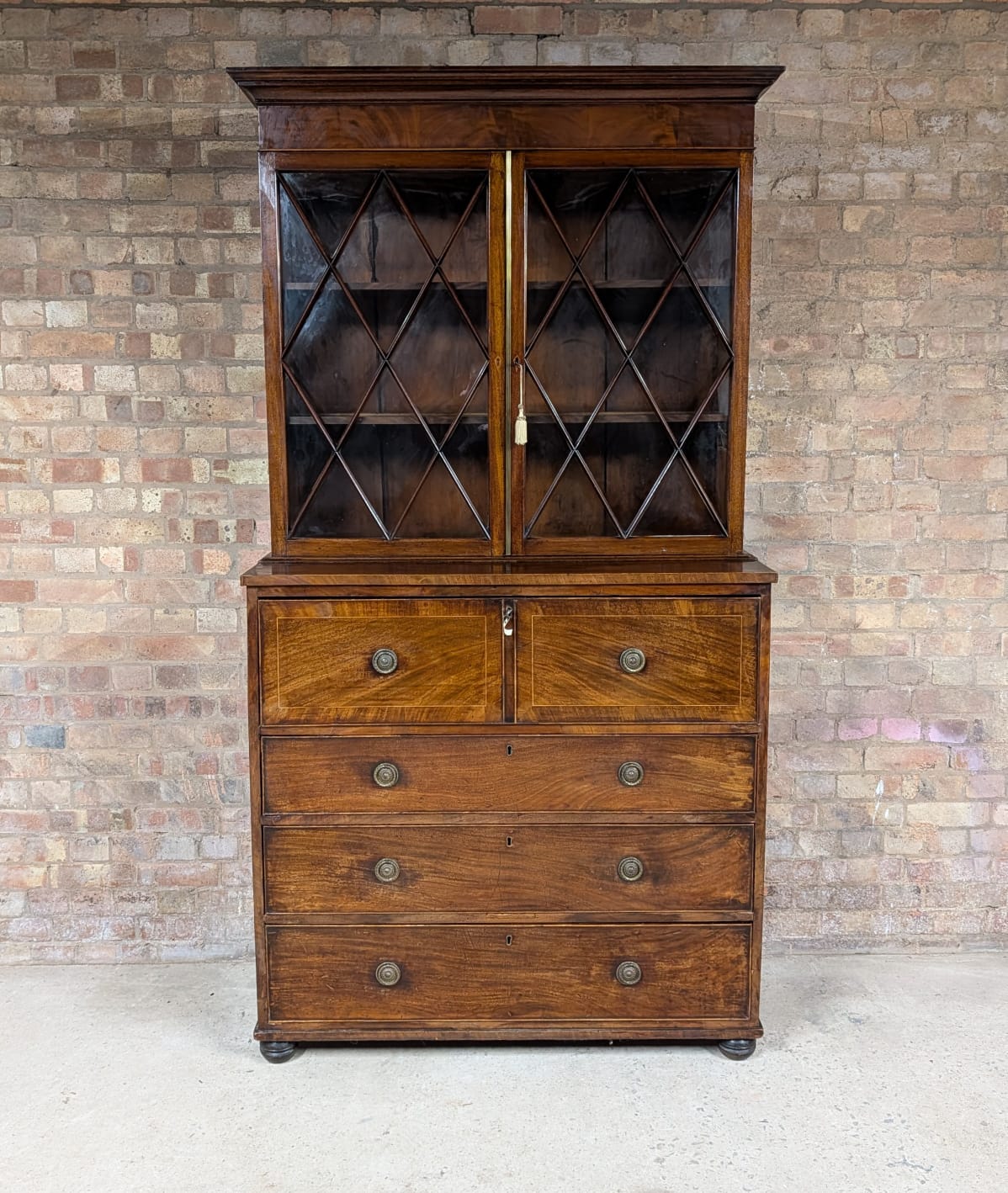 Antique George III Mahogany Secretaire Glazed Bookcase On Chest Of Drawers