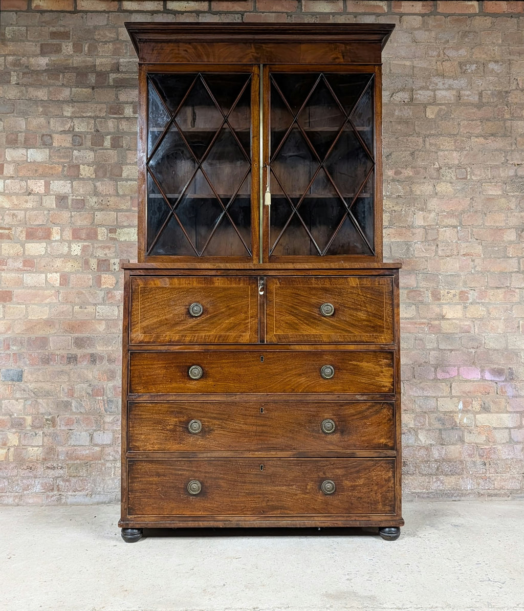 Antique George III Mahogany Secretaire Glazed Bookcase On Chest Of Drawers