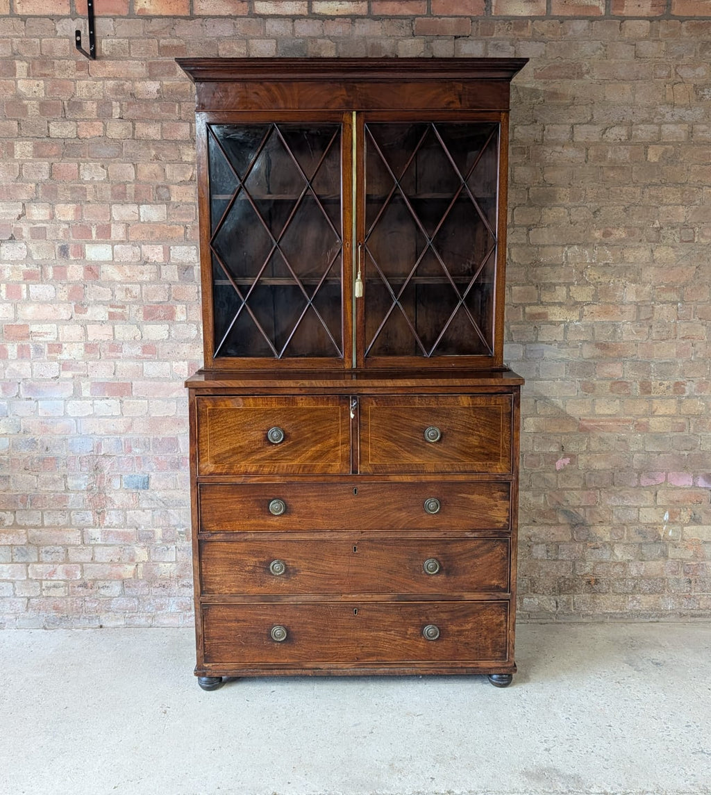 Antique George III Mahogany Secretaire Glazed Bookcase On Chest Of Drawers