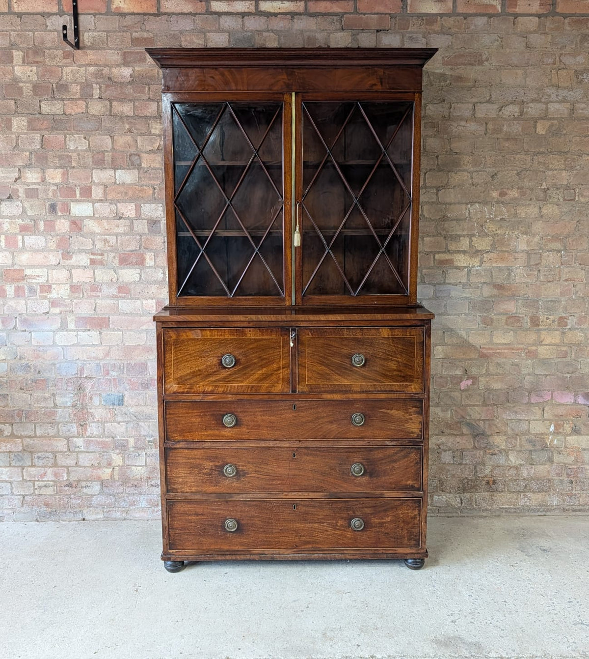Antique George III Mahogany Secretaire Glazed Bookcase On Chest Of Drawers