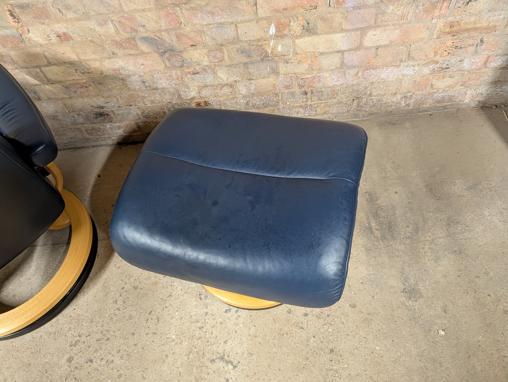 Ekornes Stressless Blue Leather Recliner Armchair With Footstool