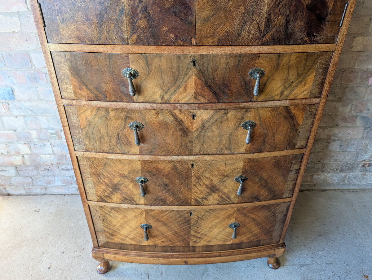 Vintage Art Deco Burr Walnut Tallboy 1930s Linen Cabinet/Cupboard
