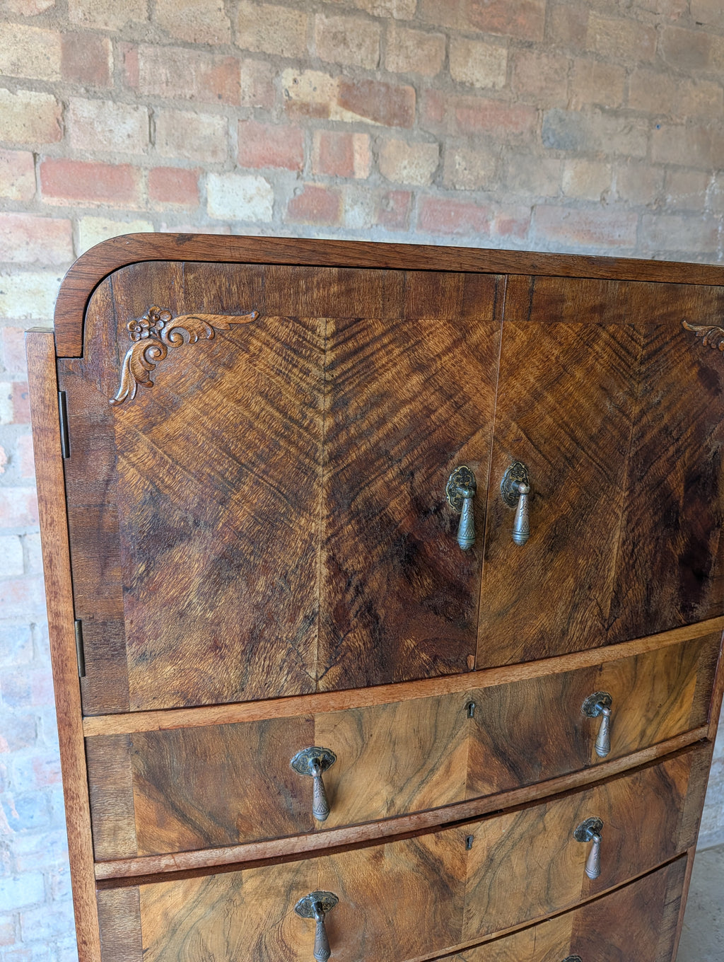 Vintage Art Deco Burr Walnut Tallboy 1930s Linen Cabinet/Cupboard