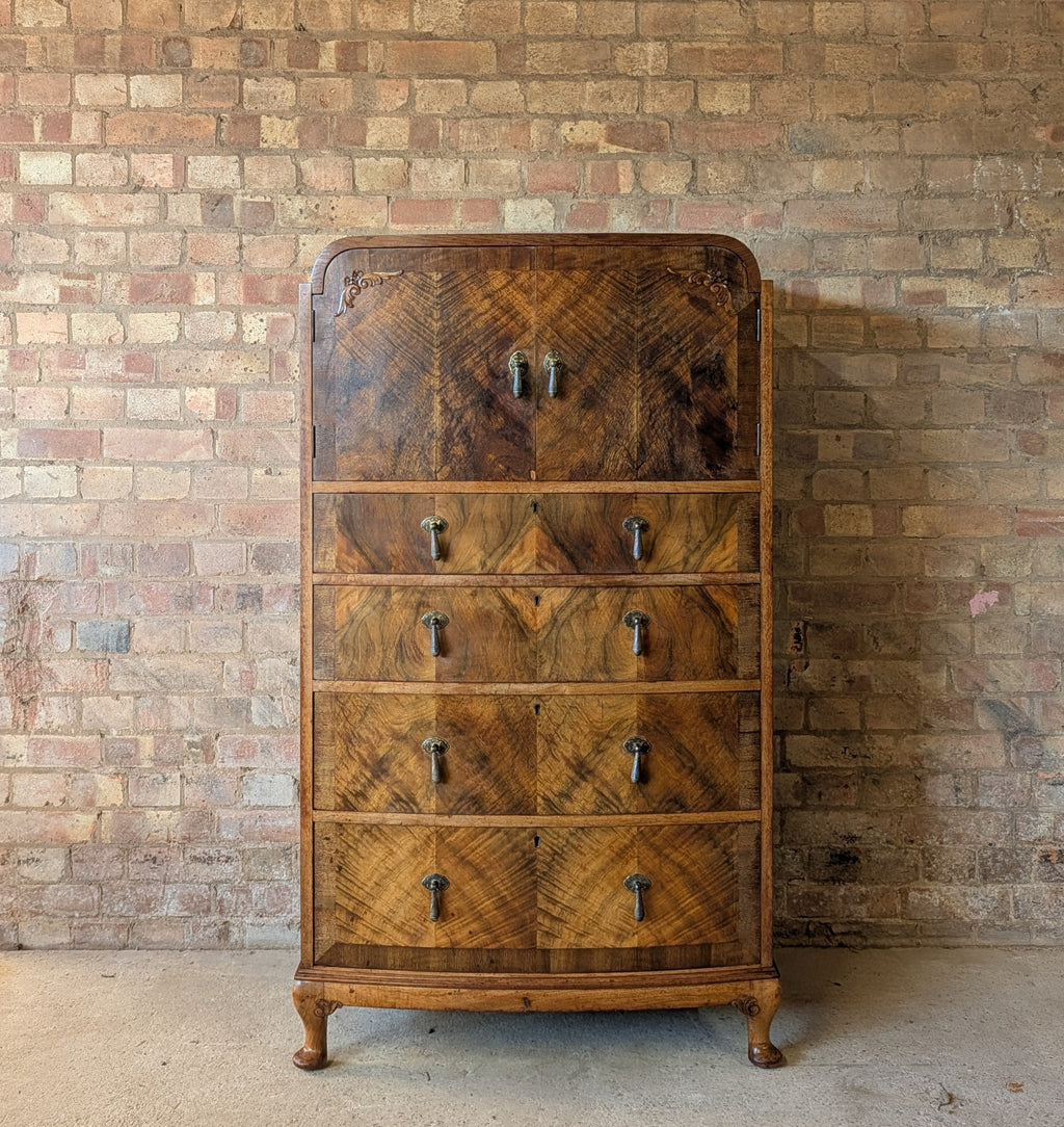 Vintage Art Deco Burr Walnut Tallboy 1930s Linen Cabinet/Cupboard