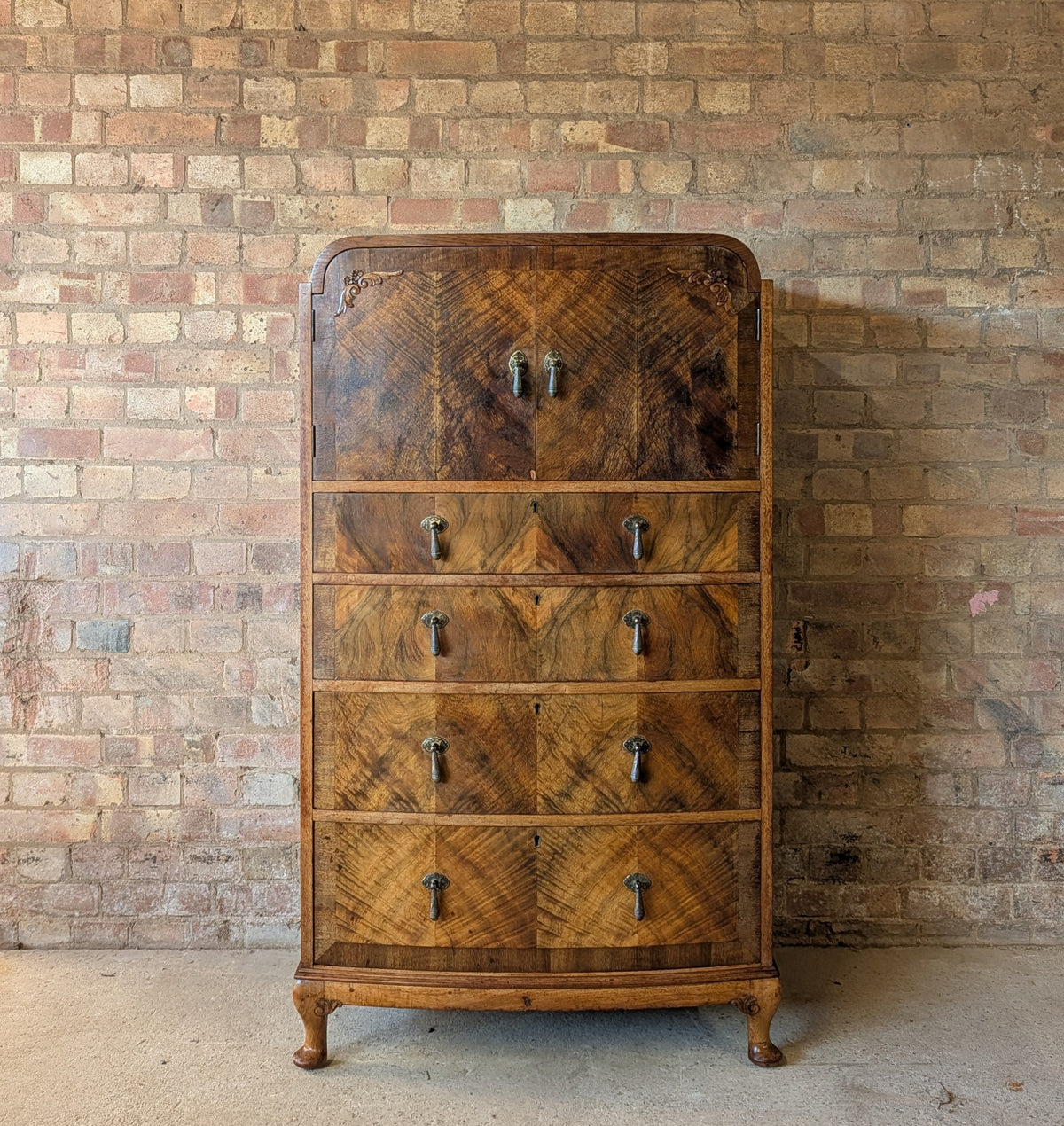 Vintage Art Deco Burr Walnut Tallboy 1930s Linen Cabinet/Cupboard