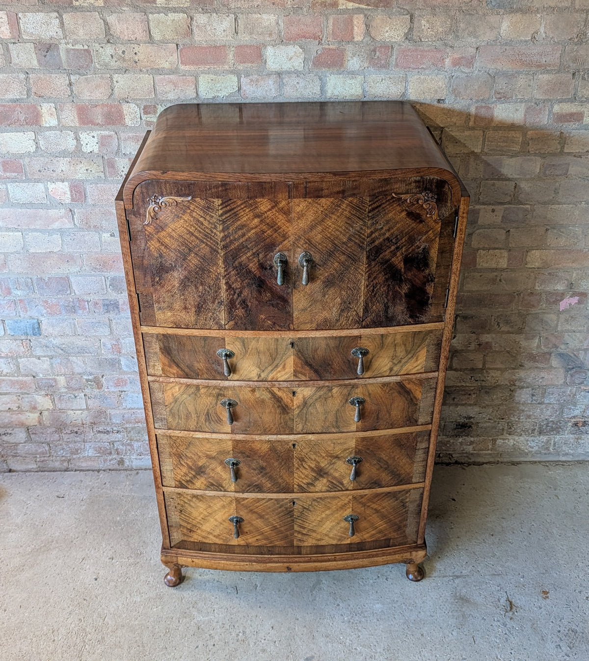 Vintage Art Deco Burr Walnut Tallboy 1930s Linen Cabinet/Cupboard