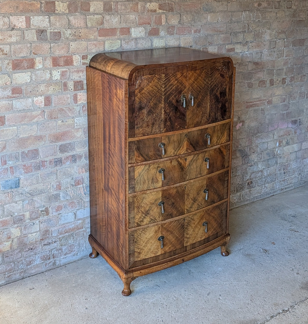 Vintage Art Deco Burr Walnut Tallboy 1930s Linen Cabinet/Cupboard