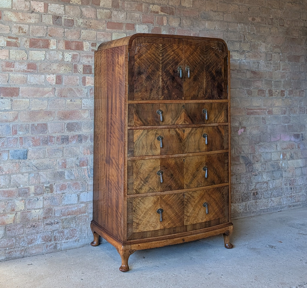 Vintage Art Deco Burr Walnut Tallboy 1930s Linen Cabinet/Cupboard
