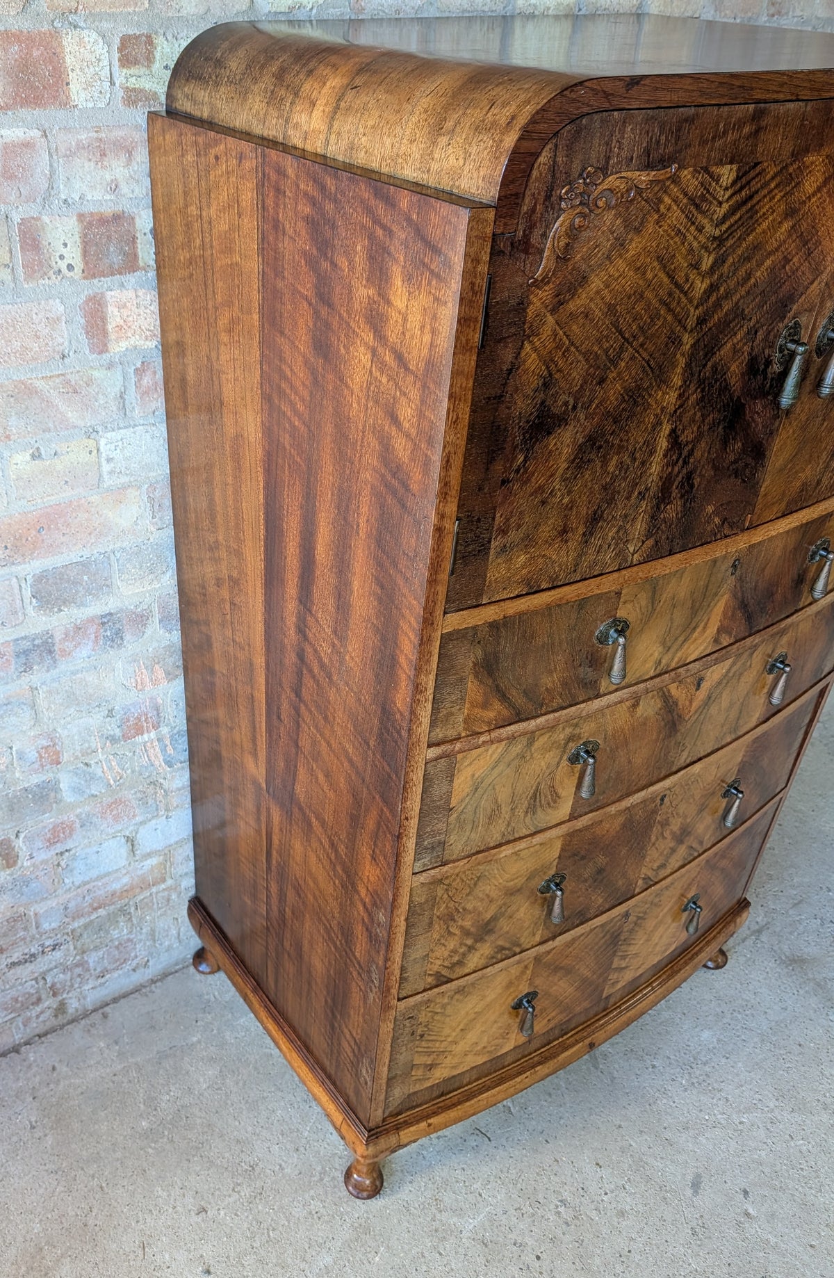 Vintage Art Deco Burr Walnut Tallboy 1930s Linen Cabinet/Cupboard