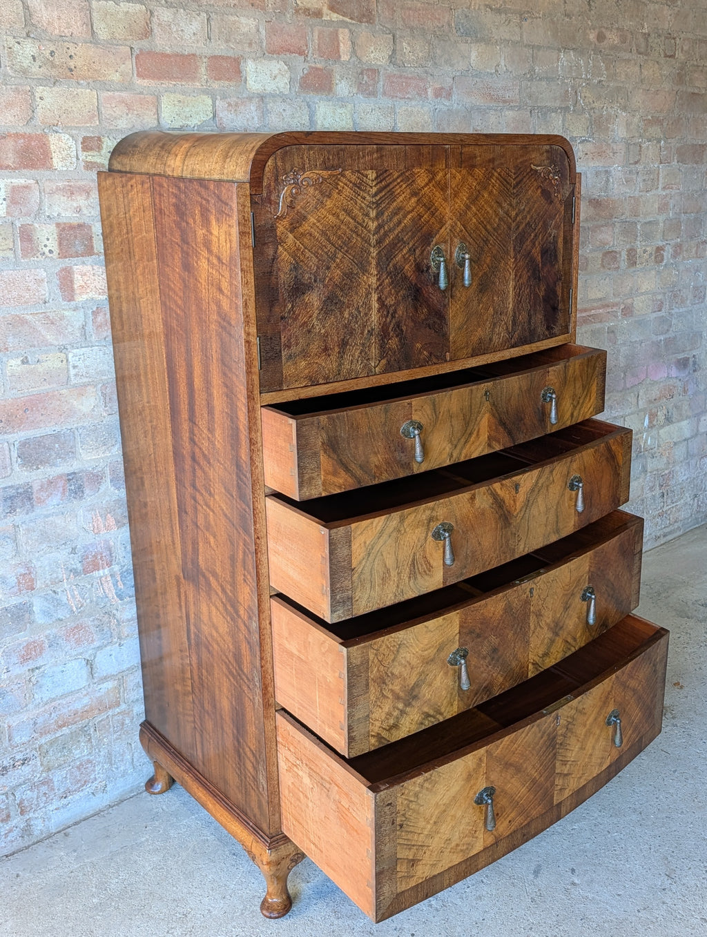 Vintage Art Deco Burr Walnut Tallboy 1930s Linen Cabinet/Cupboard