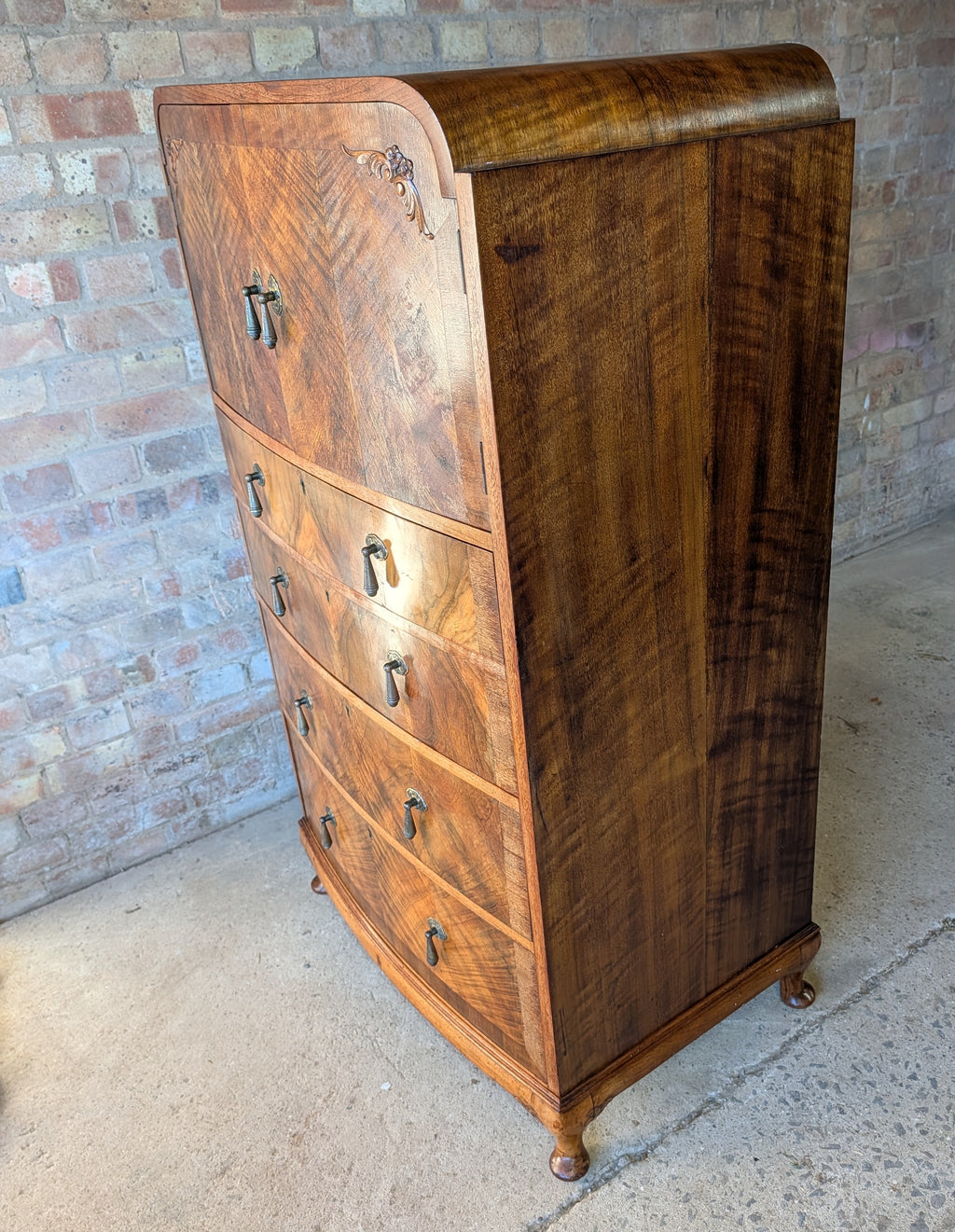 Vintage Art Deco Burr Walnut Tallboy 1930s Linen Cabinet/Cupboard