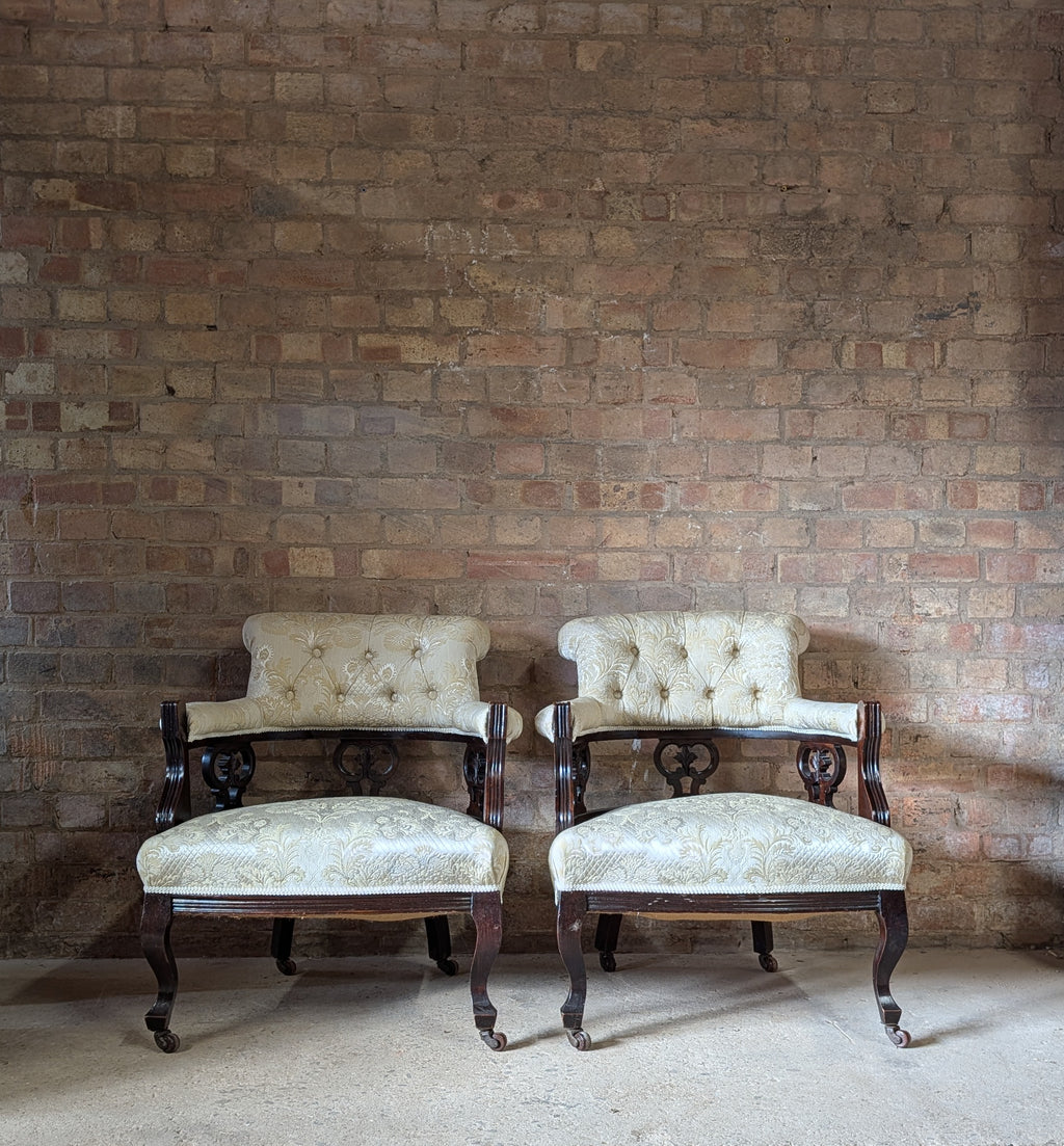 Pair Of Antique Edwardian Tub Chairs / Carved Armchairs