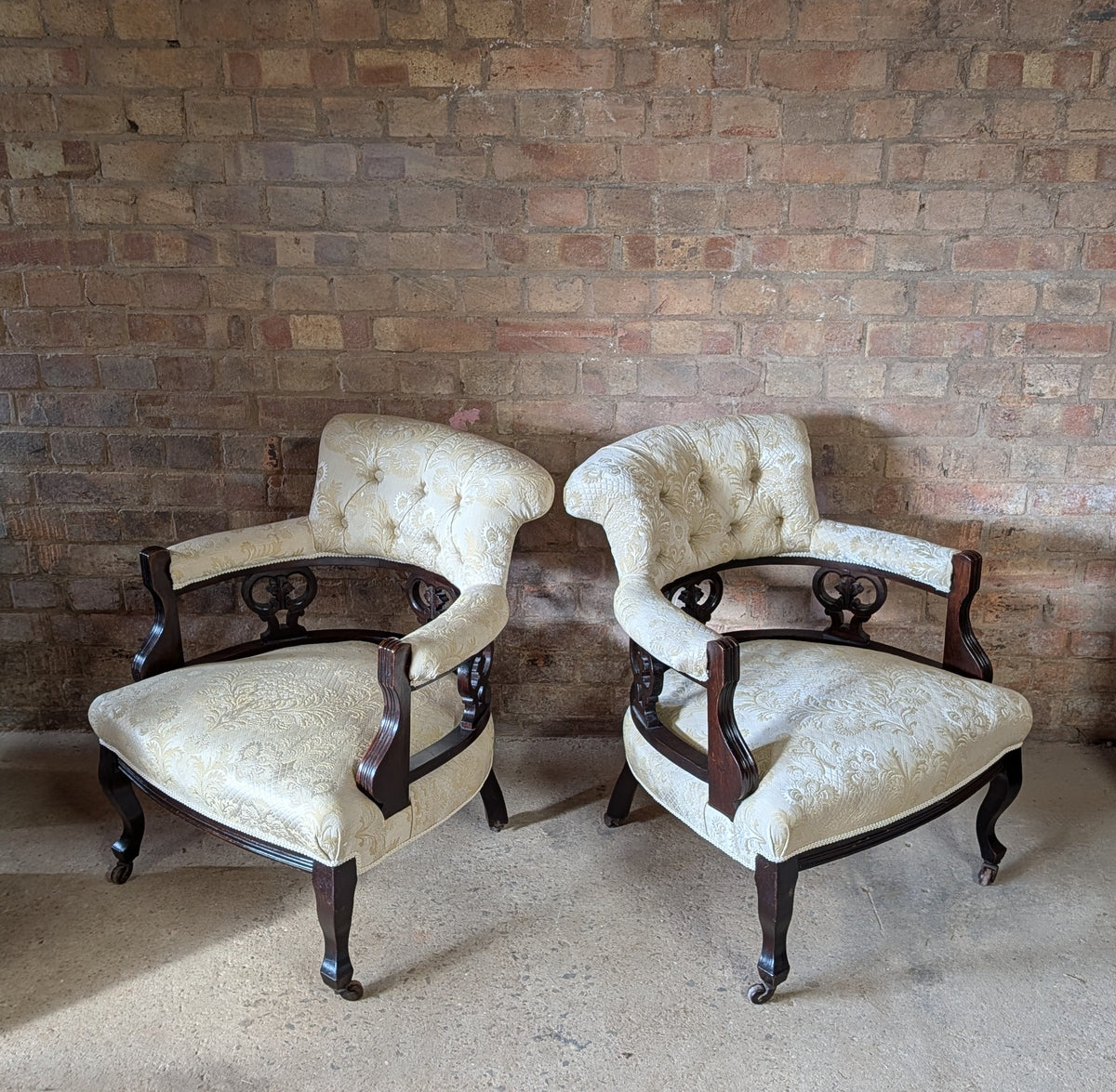 Pair Of Antique Edwardian Tub Chairs / Carved Armchairs
