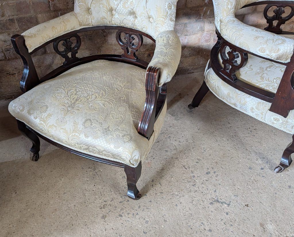 Pair Of Antique Edwardian Tub Chairs / Carved Armchairs