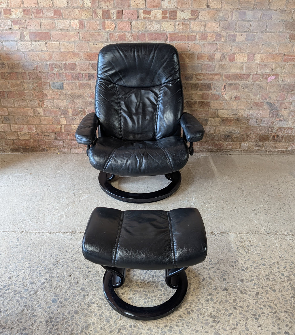 Ekornes Stressless Black Leather Reclining Armchair With Footstool