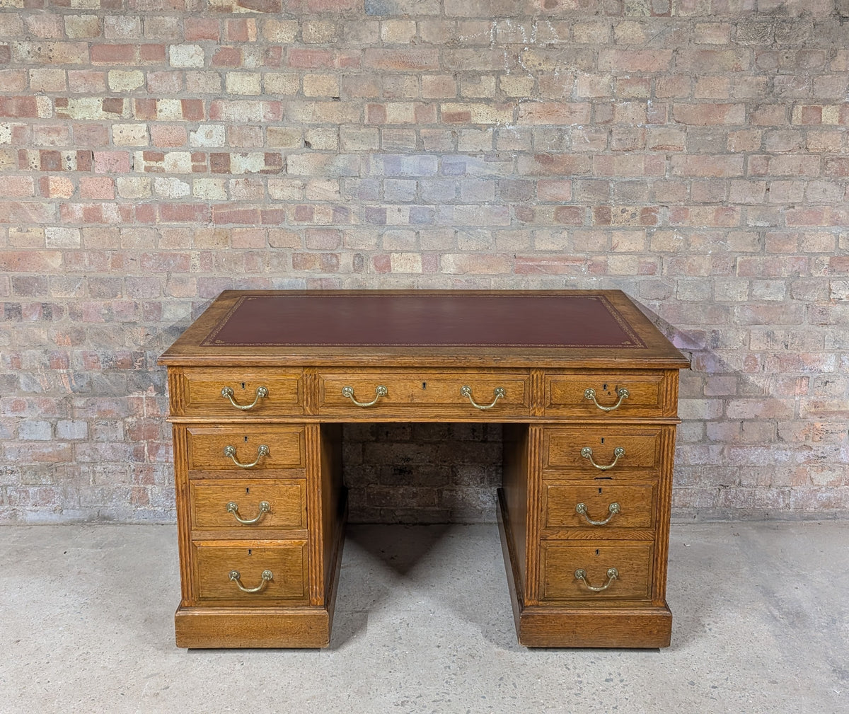 Early 20th Century Maple & Co Antique Oak Leather Top Writing Desk - 9 Drawer