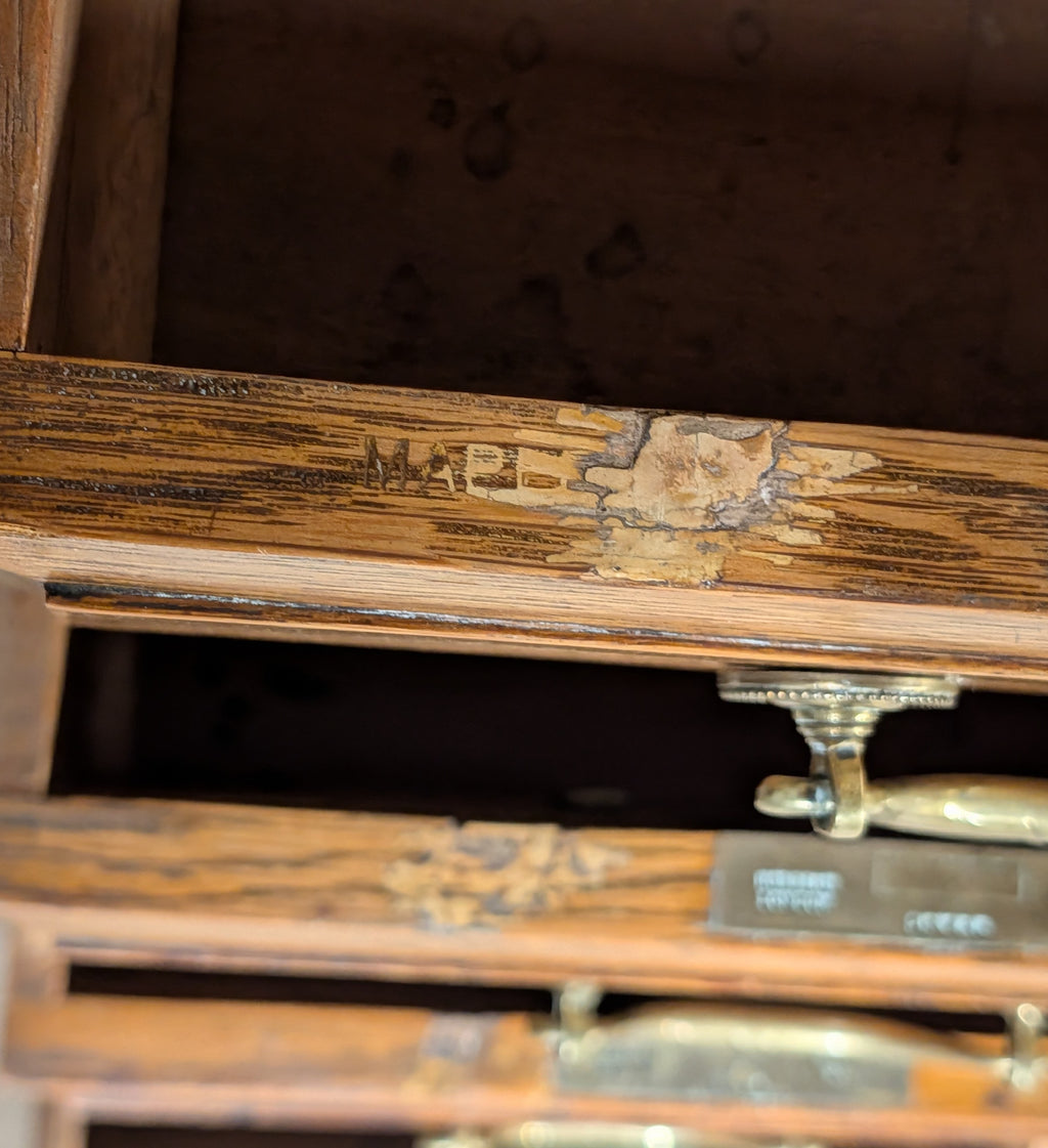 Early 20th Century Maple & Co Antique Oak Leather Top Writing Desk - 9 Drawer