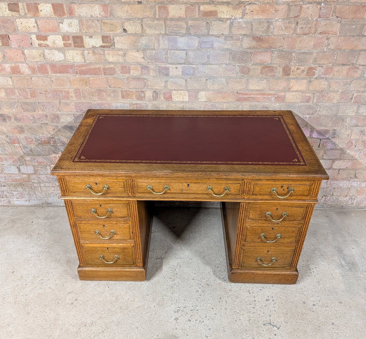 Early 20th Century Maple & Co Antique Oak Leather Top Writing Desk - 9 Drawer