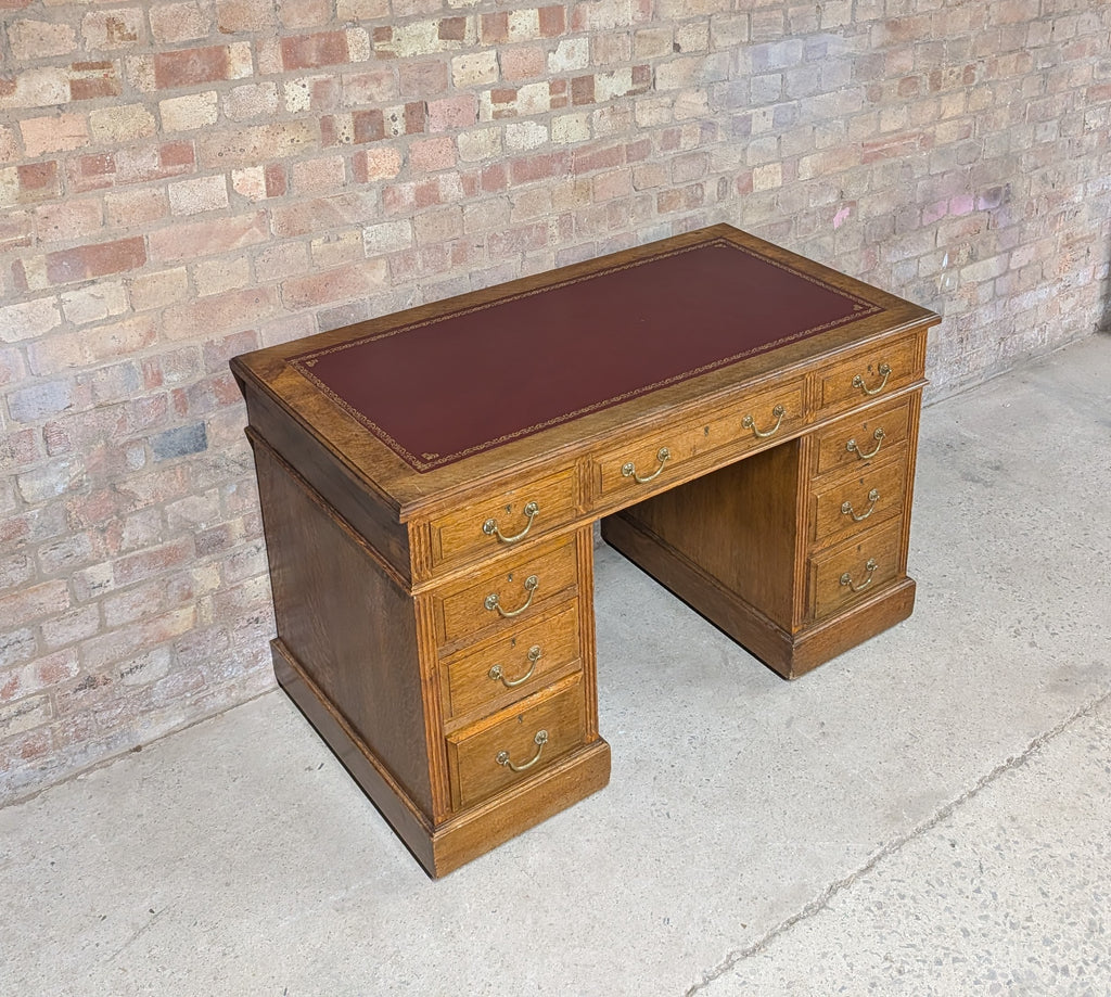 Early 20th Century Maple & Co Antique Oak Leather Top Writing Desk - 9 Drawer