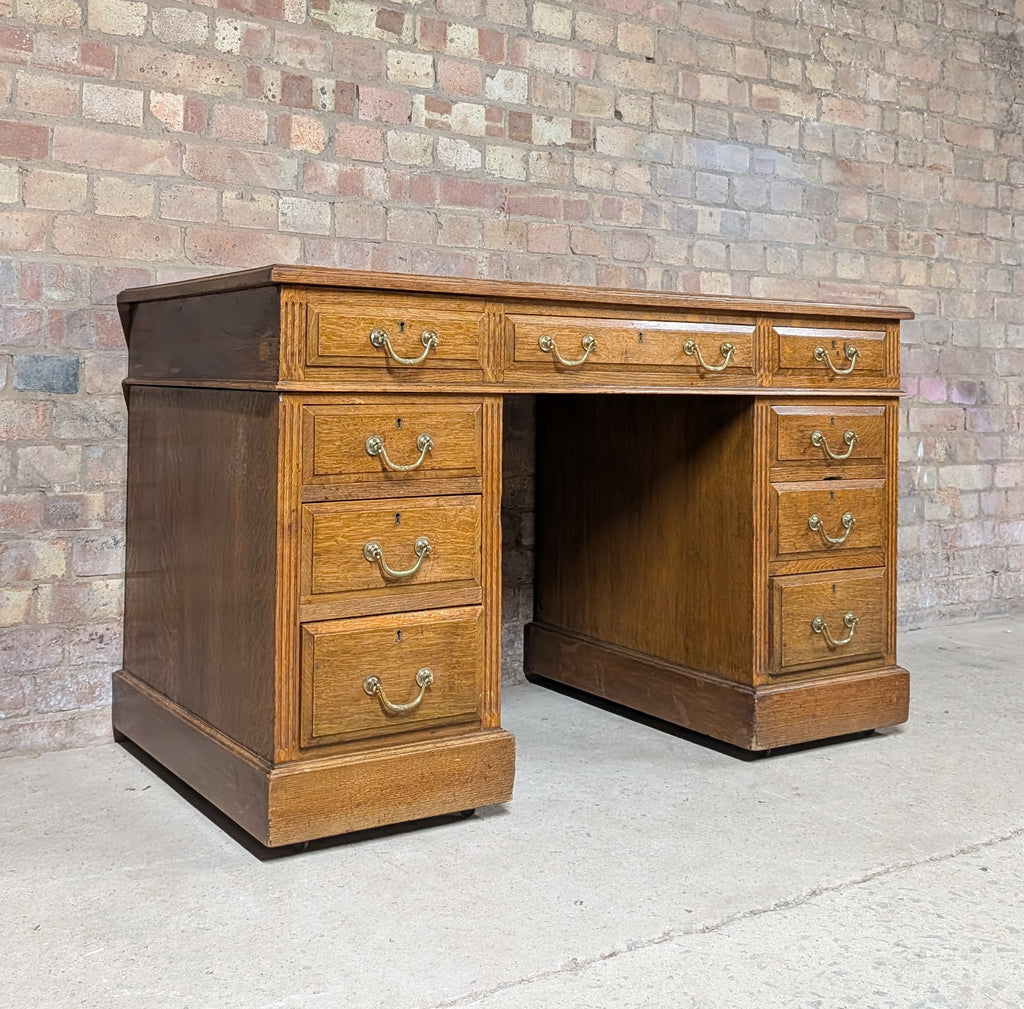 Early 20th Century Maple & Co Antique Oak Leather Top Writing Desk - 9 Drawer