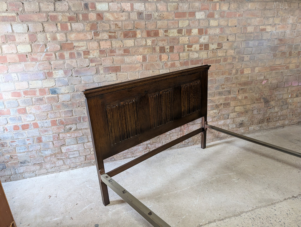 Antique Double Bed Stead Linen Fold Carved Oak Bed Frame