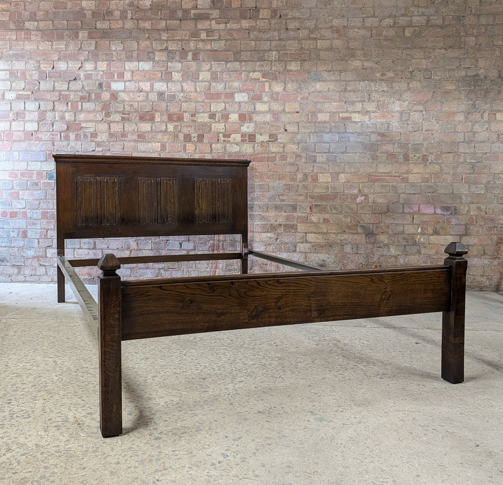 Antique Double Bed Stead Linen Fold Carved Oak Bed Frame