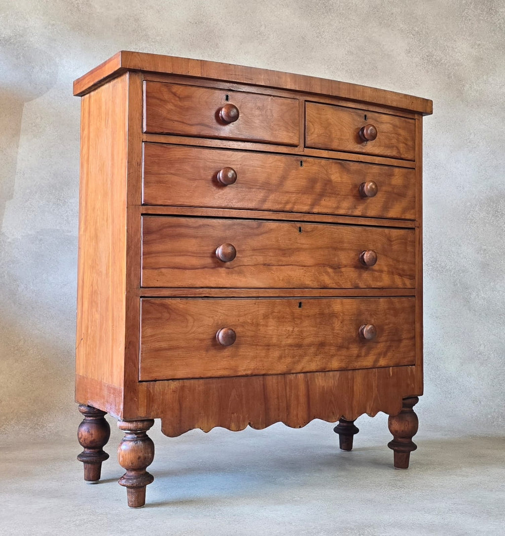 Victorian Antique Pine Chest of Drawers 2 Over 3 Tallboy Scalloped Apron
