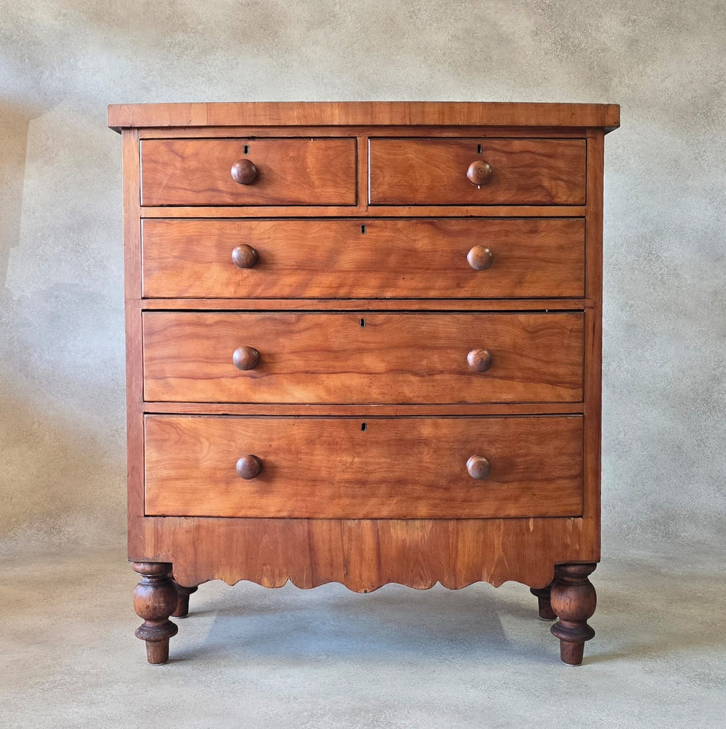 Victorian Antique Pine Chest of Drawers 2 Over 3 Tallboy Scalloped Apron