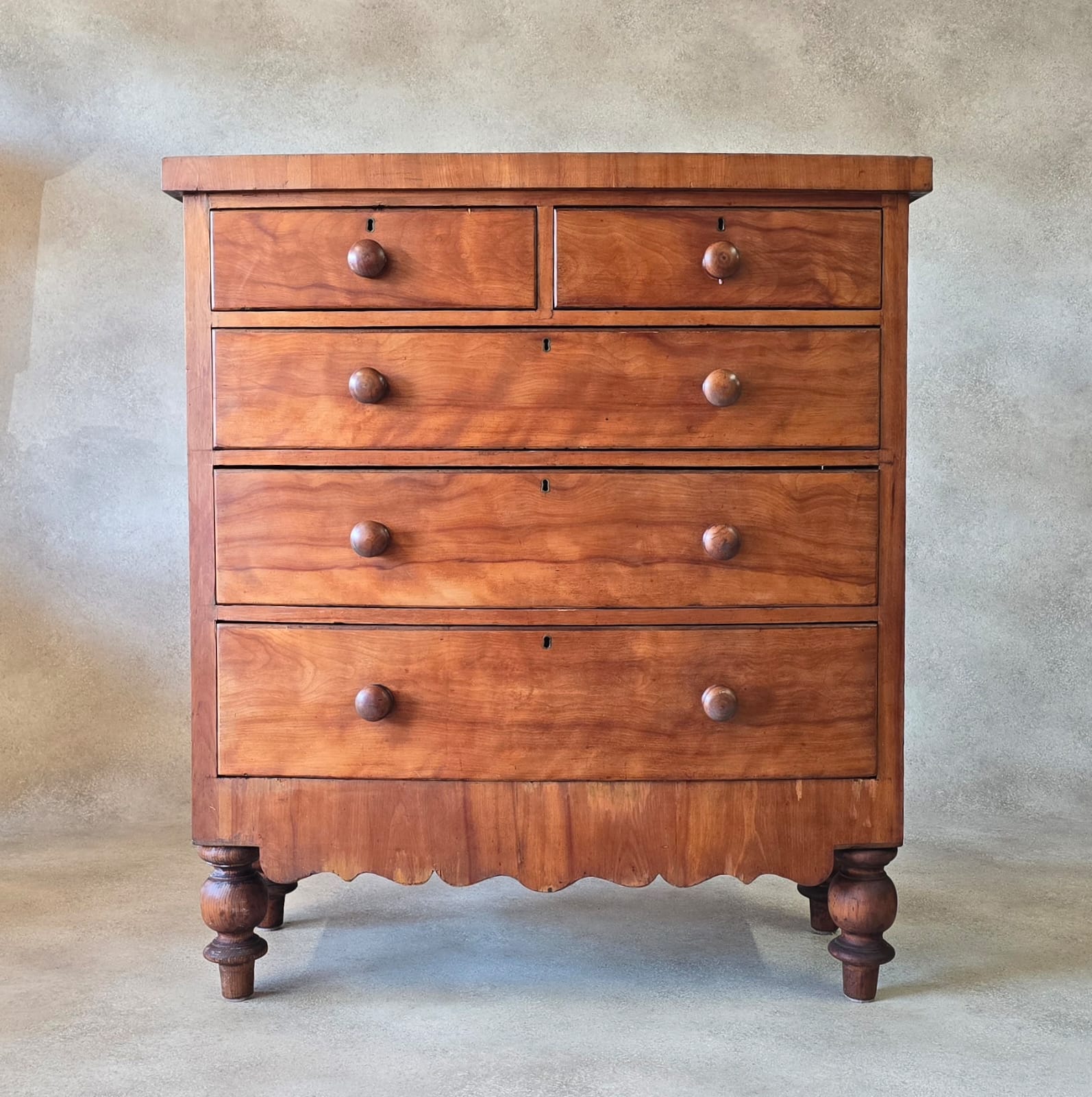Victorian Antique Pine Chest of Drawers 2 Over 3 Tallboy Scalloped Apron