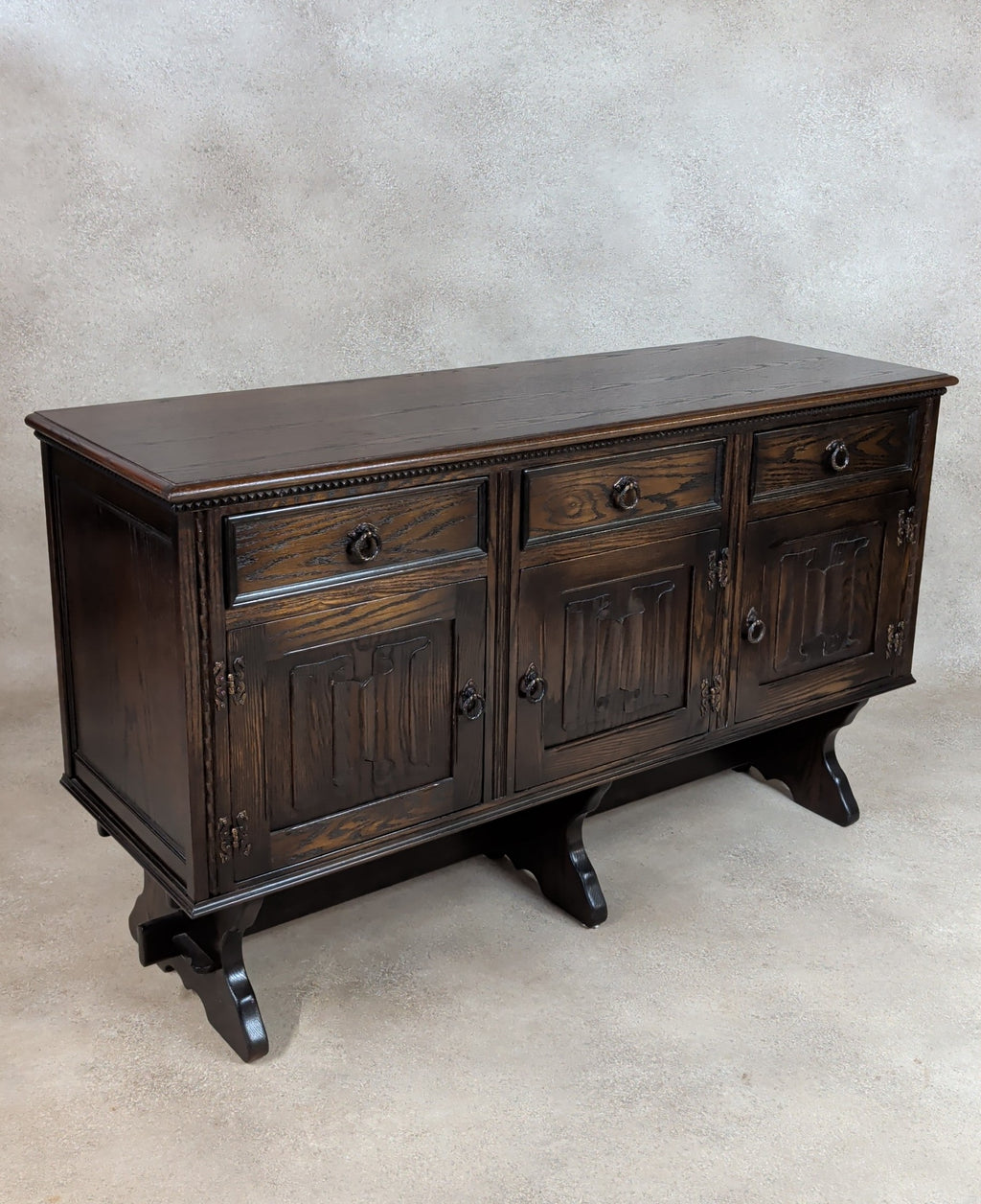 Vintage Jaycee Carved Oak Sideboard | Tudor Revival Trestle Base Buffet