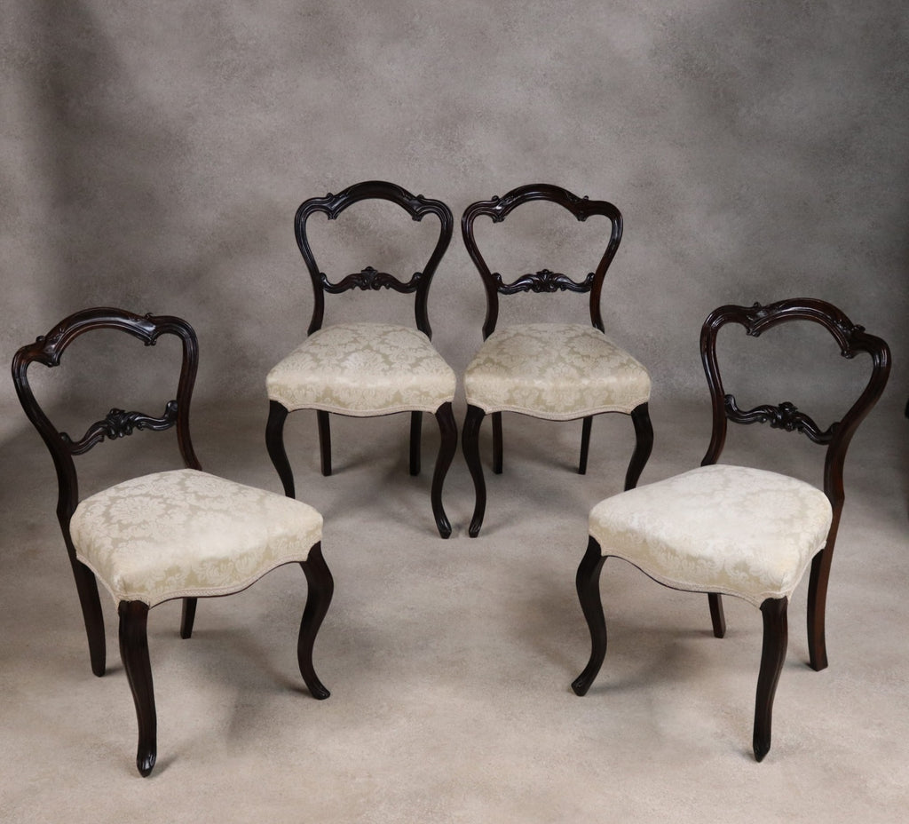 Set Of 4 Antique Victorian Rosewood Balloon Back Dining Chairs