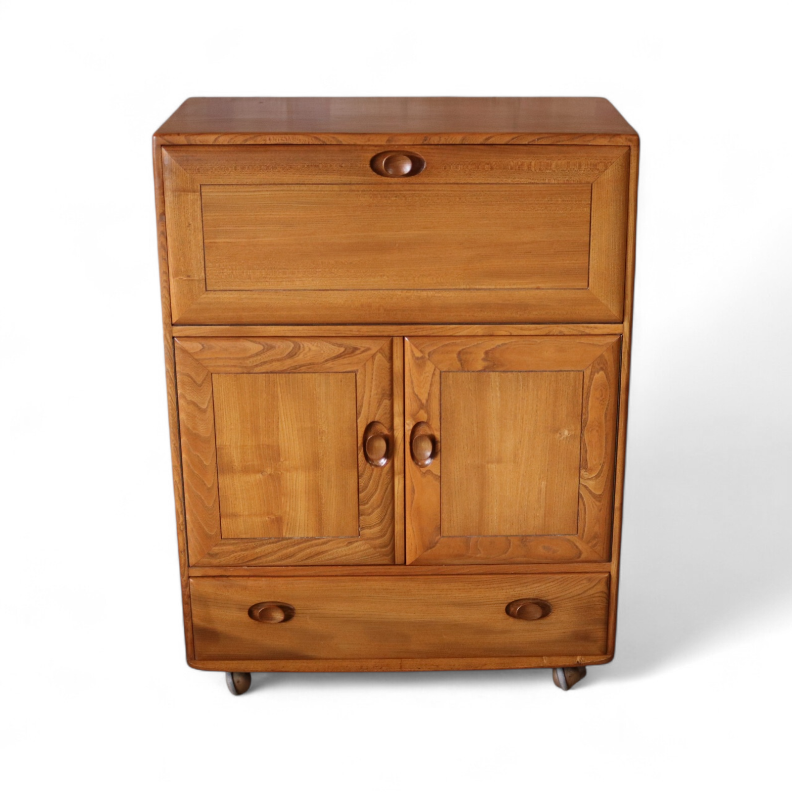 Vintage Ercol 469 Mid Century Blonde Elm Serving Drinks Cabinet / Writing Bureau