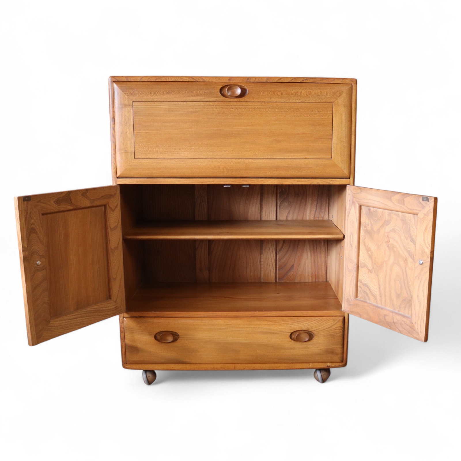 Vintage Ercol 469 Mid Century Blonde Elm Serving Drinks Cabinet / Writing Bureau