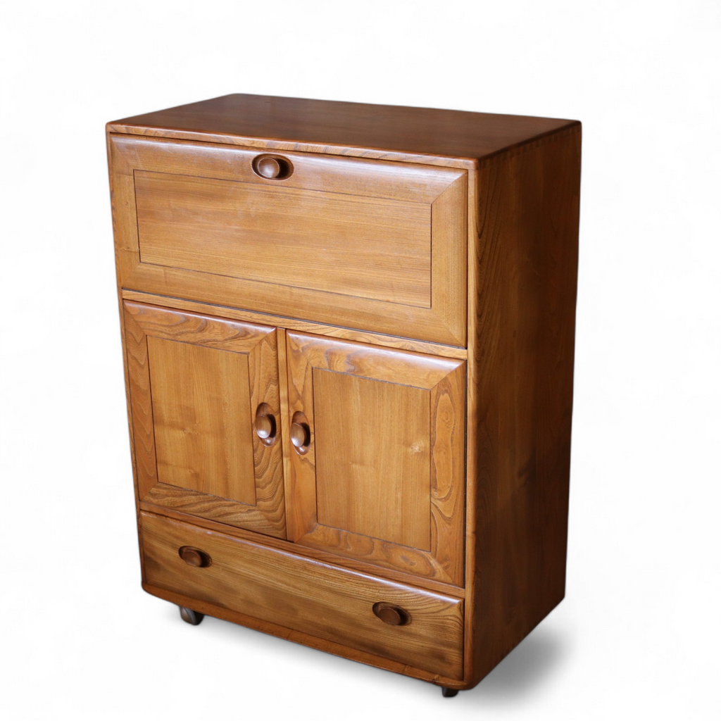 Vintage Ercol 469 Mid Century Blonde Elm Serving Drinks Cabinet / Writing Bureau