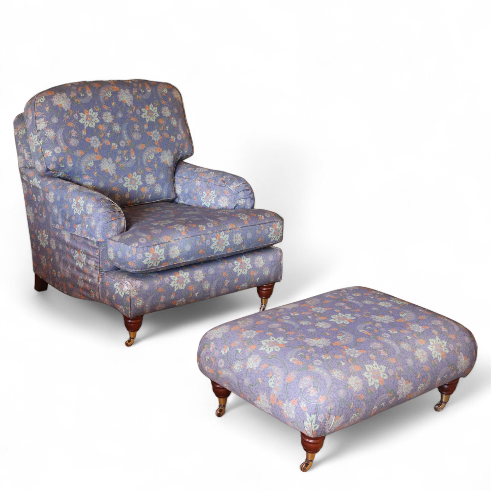 Vintage Multiyork Howard Style Armchair and Footstool - Floral Paisley Blue