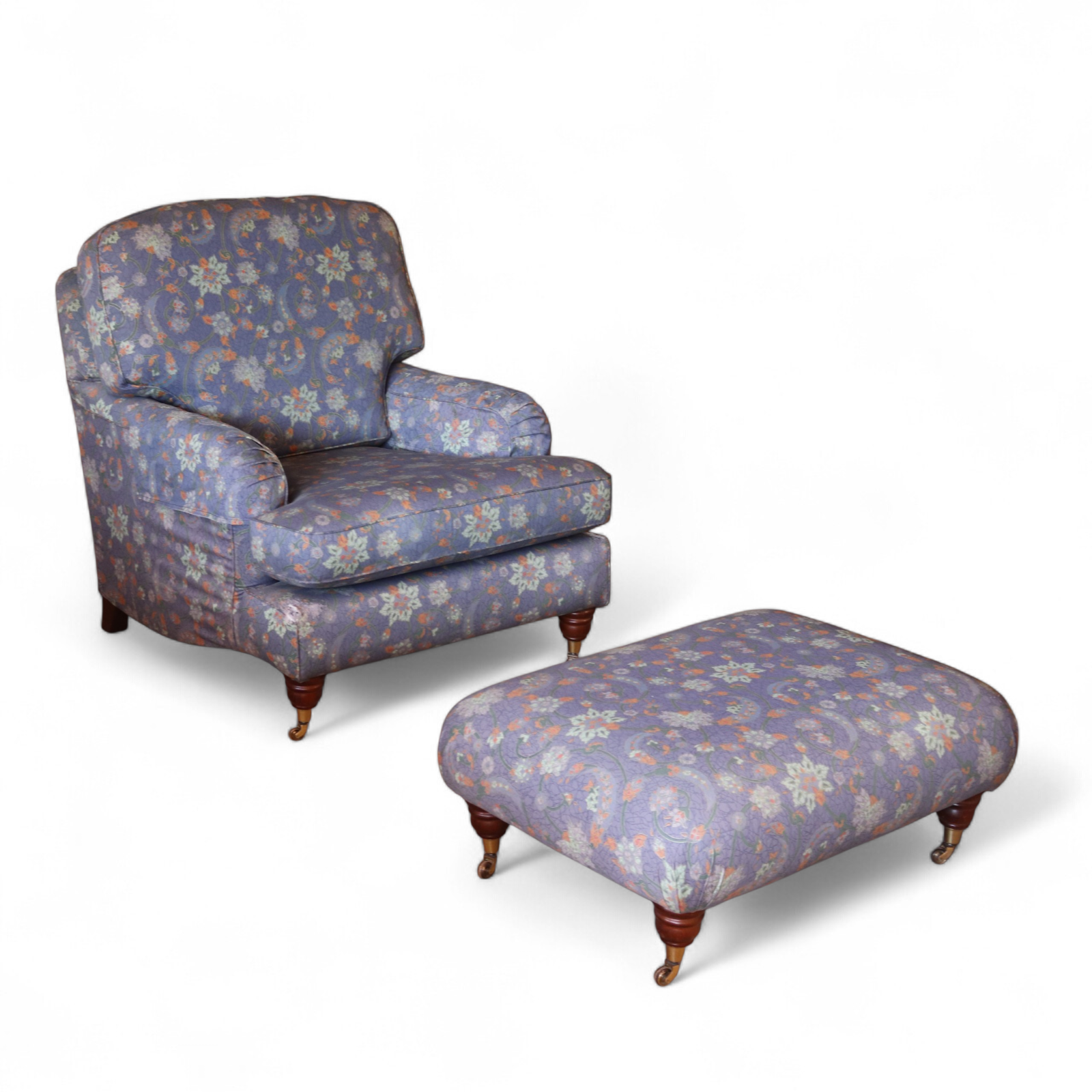 Vintage Multiyork Howard Style Armchair and Footstool - Floral Paisley Blue