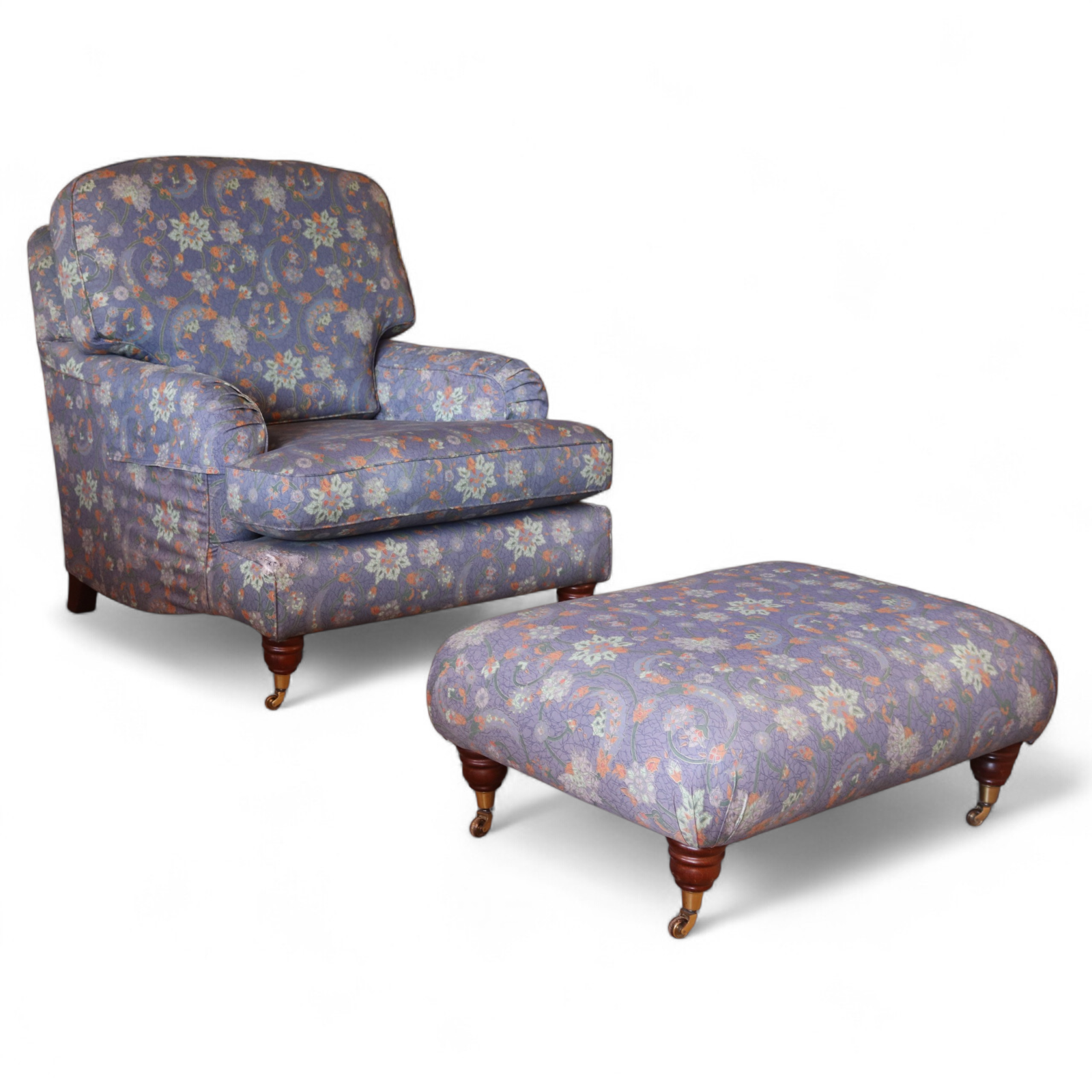 Vintage Multiyork Howard Style Armchair and Footstool - Floral Paisley Blue