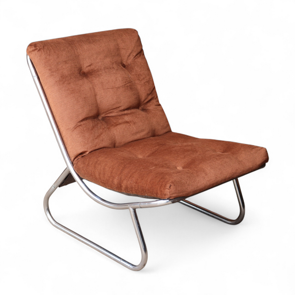 1970's Peter Hoyte British Sling Lounge chair chrome and chocolate corduroy Rare