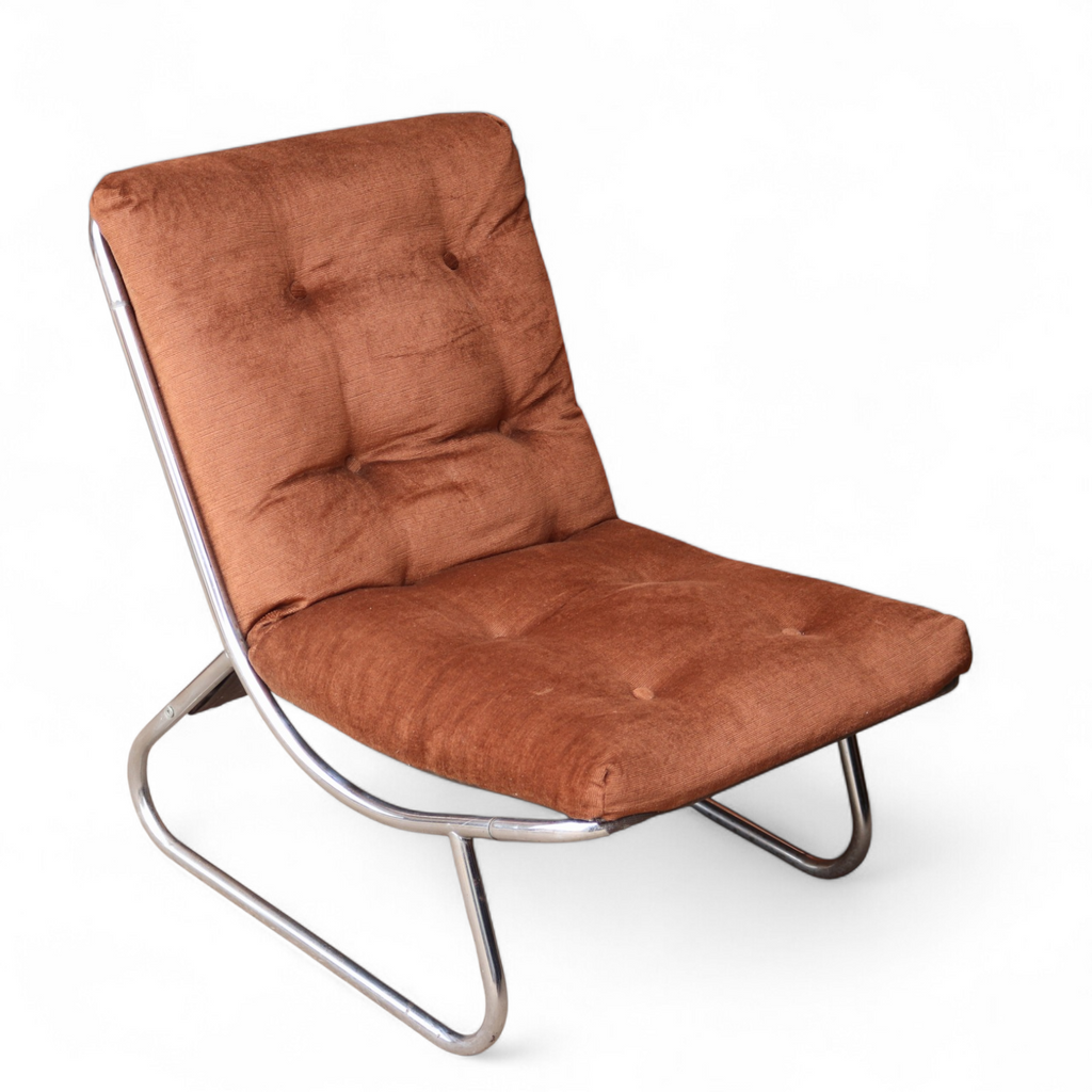 1970's Peter Hoyte British Sling Lounge chair chrome and chocolate corduroy Rare