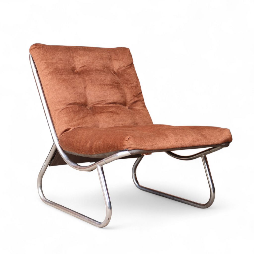 1970's Peter Hoyte British Sling Lounge chair chrome and chocolate corduroy Rare