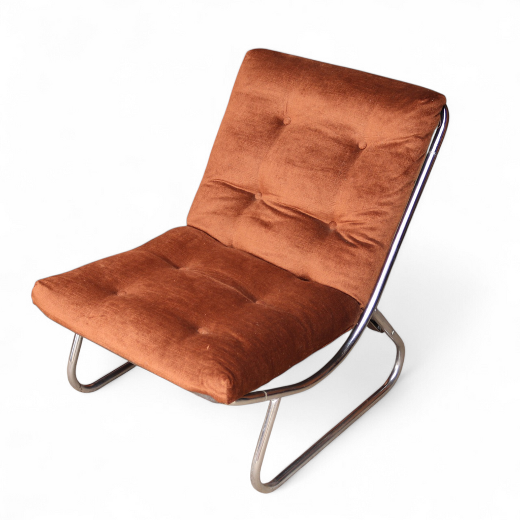 1970's Peter Hoyte British Sling Lounge chair chrome and chocolate corduroy Rare