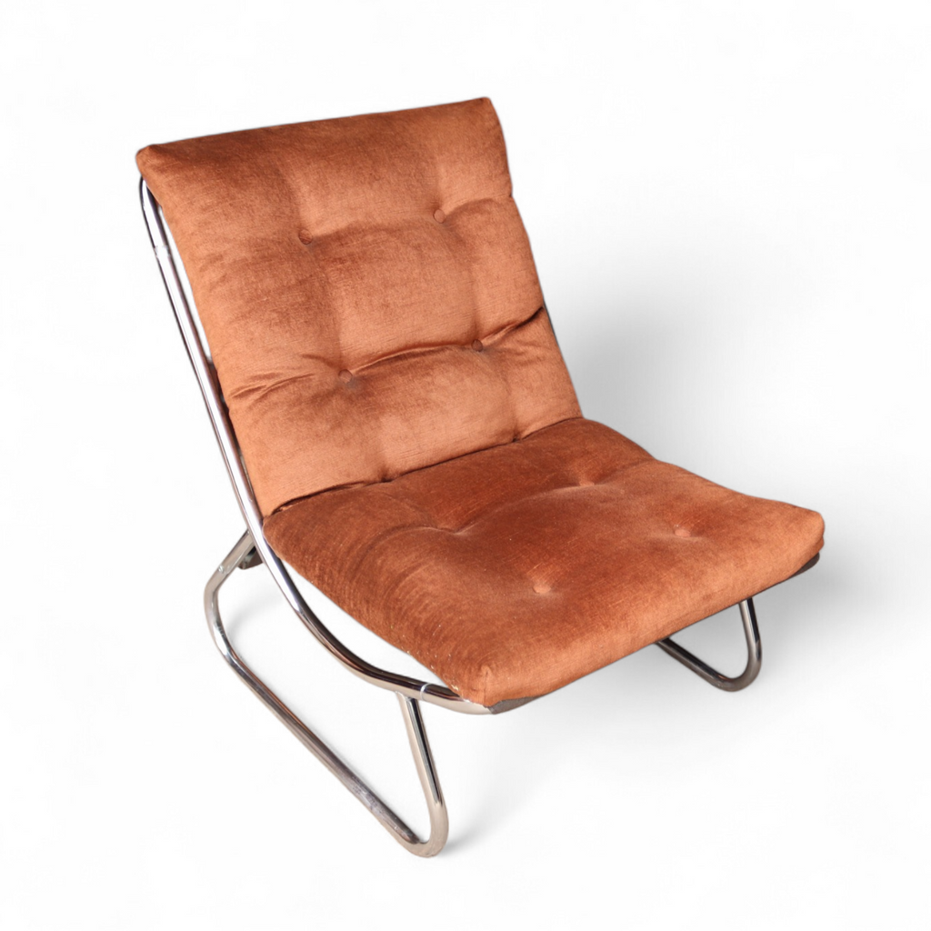 Mid Century Peter Hoyte Sling Lounge Chair Chrome & Corduroy Rare 1970s