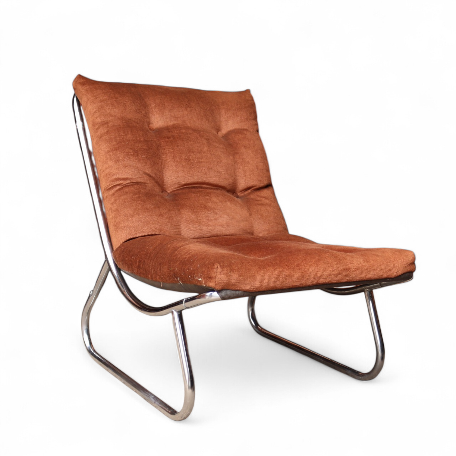Mid Century Peter Hoyte Sling Lounge Chair Chrome & Corduroy Rare 1970s
