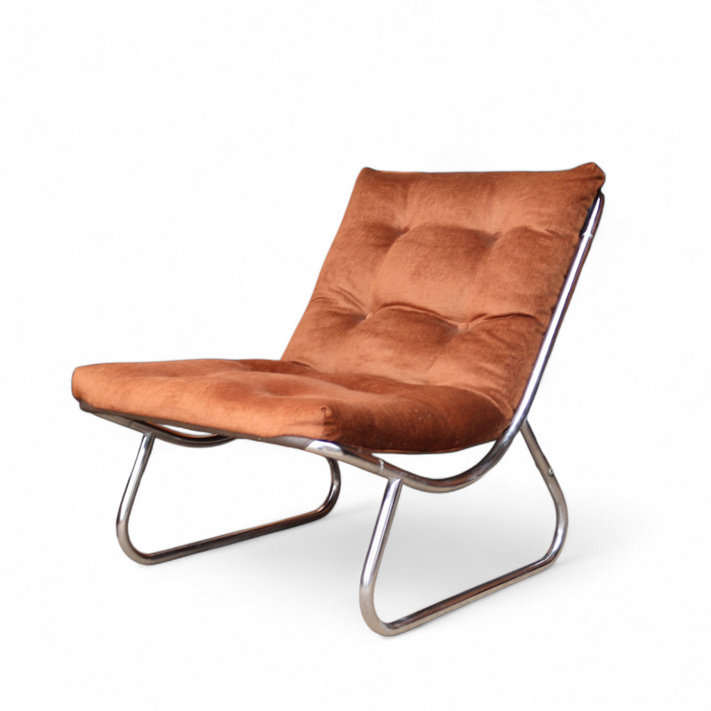 Mid Century Peter Hoyte Sling Lounge Chair Chrome & Corduroy Rare 1970s