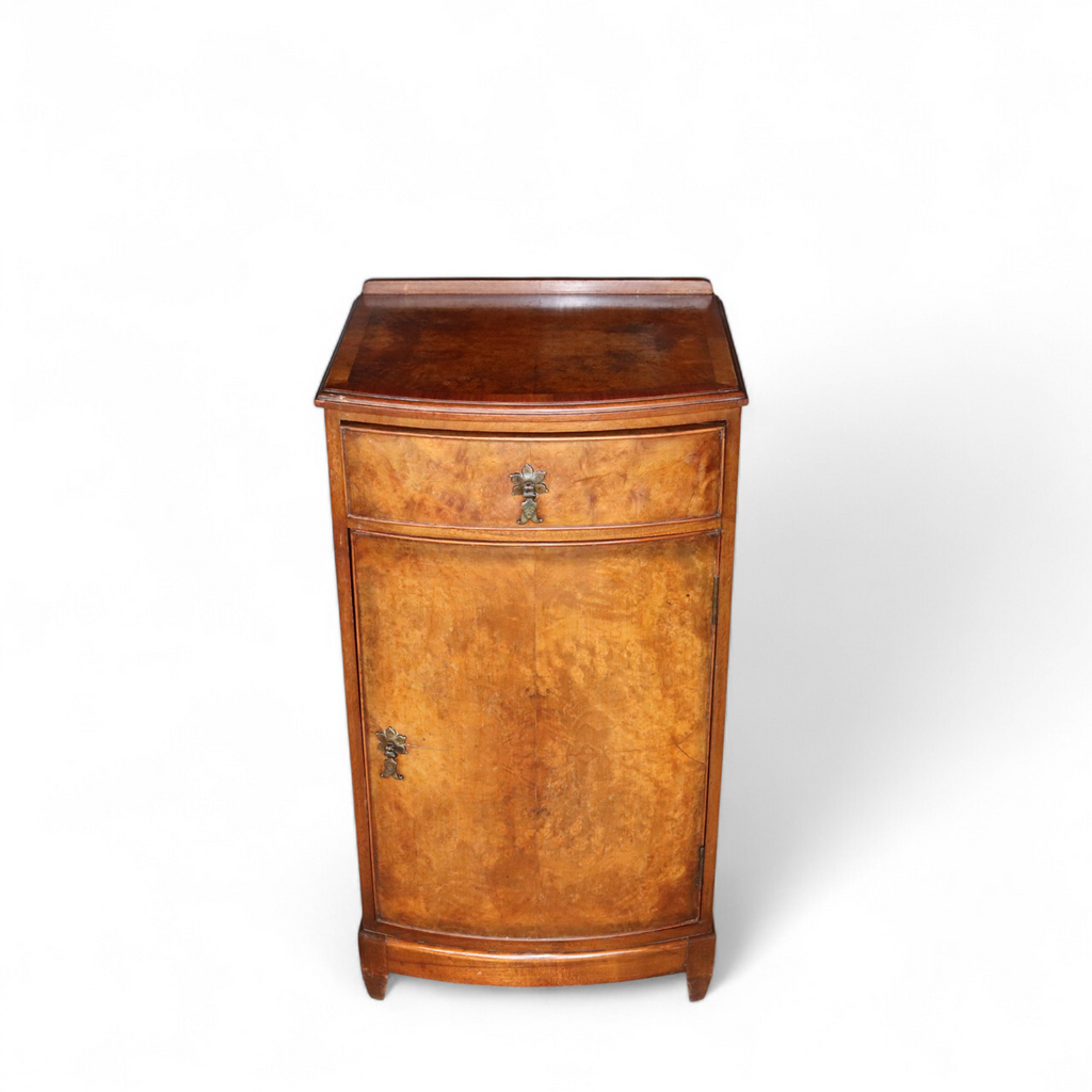 Vintage Burr Walnut Art Deco Bedside Cabinet Nightstand Bow Front Pot Cupboard