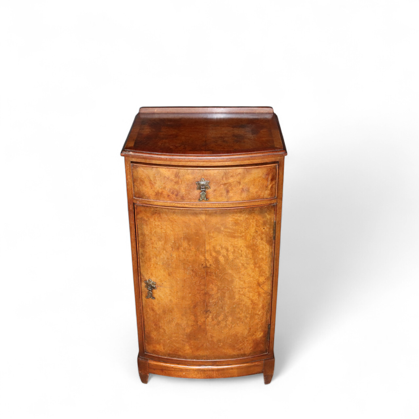 Vintage Burr Walnut Art Deco Bedside Cabinet Nightstand Bow Front Pot Cupboard