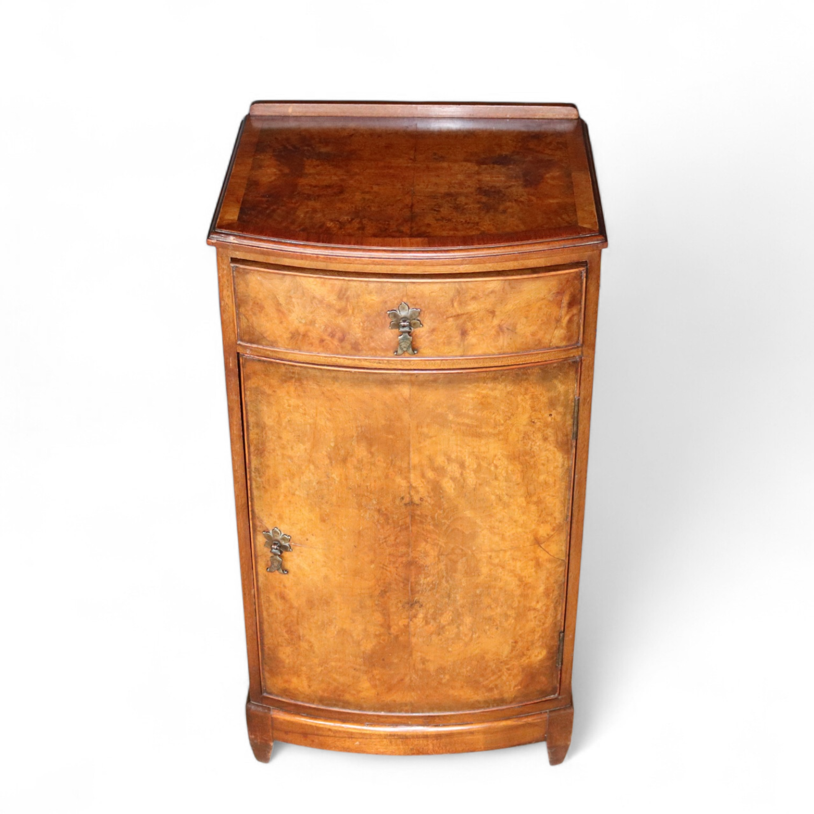 Vintage Burr Walnut Art Deco Bedside Cabinet Nightstand Bow Front Pot Cupboard